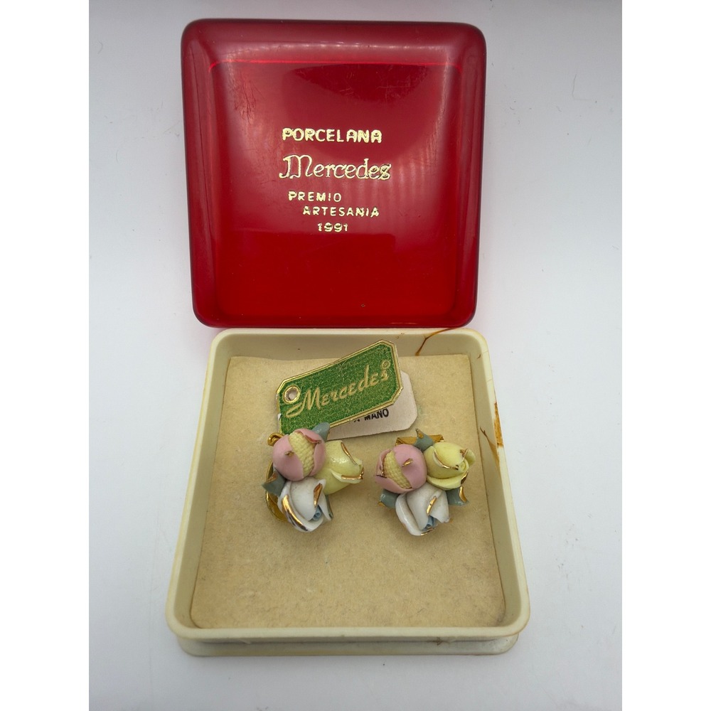 Vintage Porcelana Mercedes Floral Clip On Earrings Handmade Spain Pastel Roses